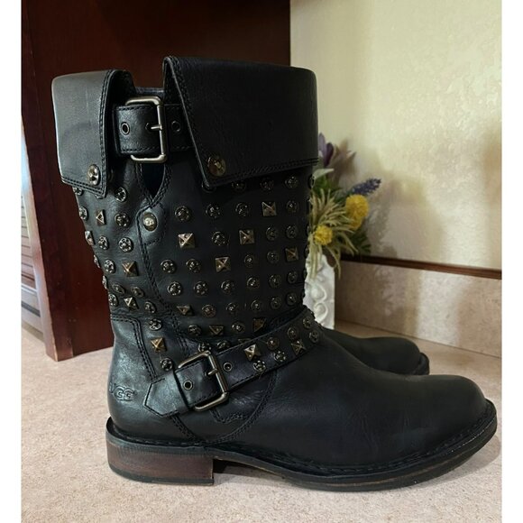 UGG Conor Studs Black Leather Mid-Calf Boots Womens Size 9 With Decorative Studs - Picture 2 of 11